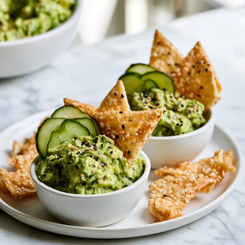 Serving example of Japanese fusion guacamole with fresh cucumbers and wonton chips