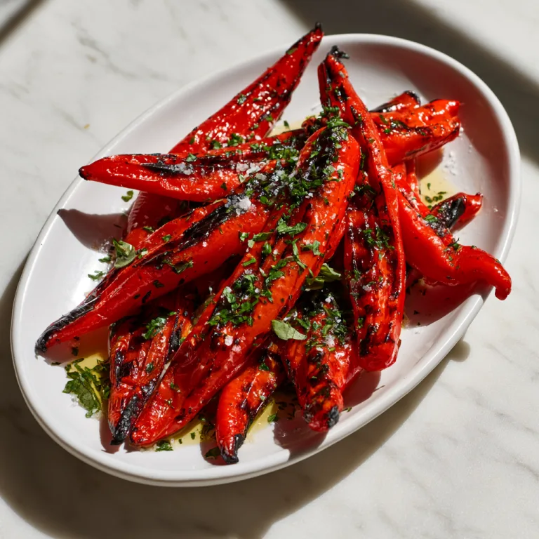 Jimmy Nardello Peppers on a white plate with fresh garnish.
