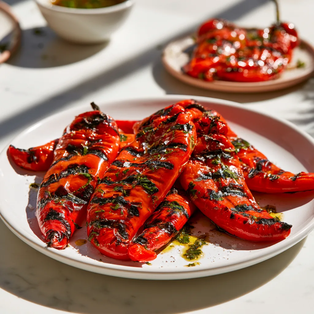 Jimmy Nardello Peppers served on a white ceramic plate