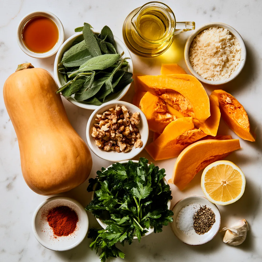 Ingredients needed to make roasted butternut squash with sage pesto.