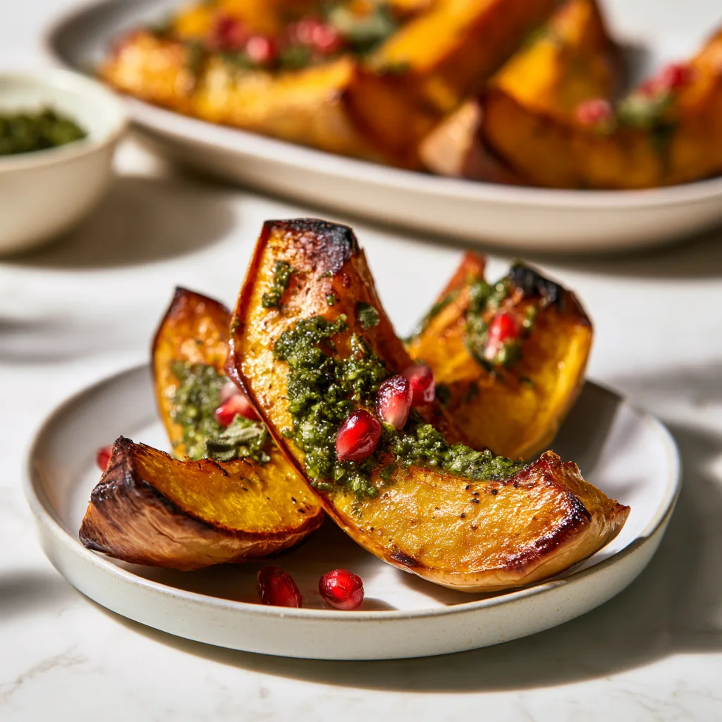 Serving example of roasted butternut squash with sage pesto