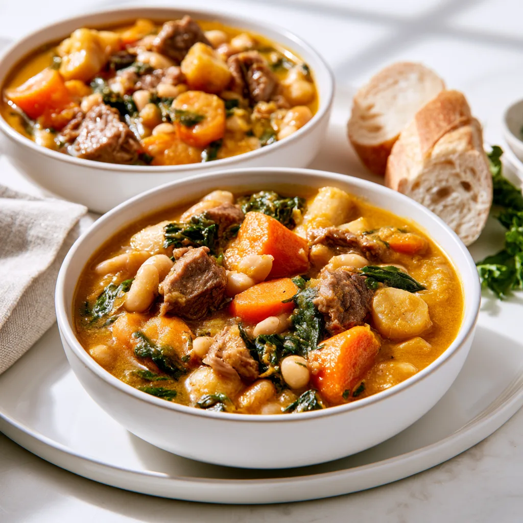 Serving example of the Slow cooker pumpkin beef stew with fresh baguette on the side